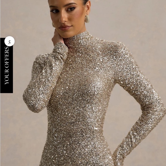 Club L London Galaxy Champagne Sequin Turtle Neck Gold Maxi Dress Size 10 NWT - Picture 3 of 8